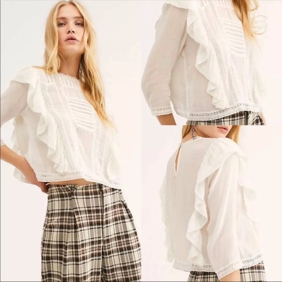 FREE People Jasmine Ruffle Lace Boho Crop Top Blouse in Ivory Size XS - Picture 2 of 16